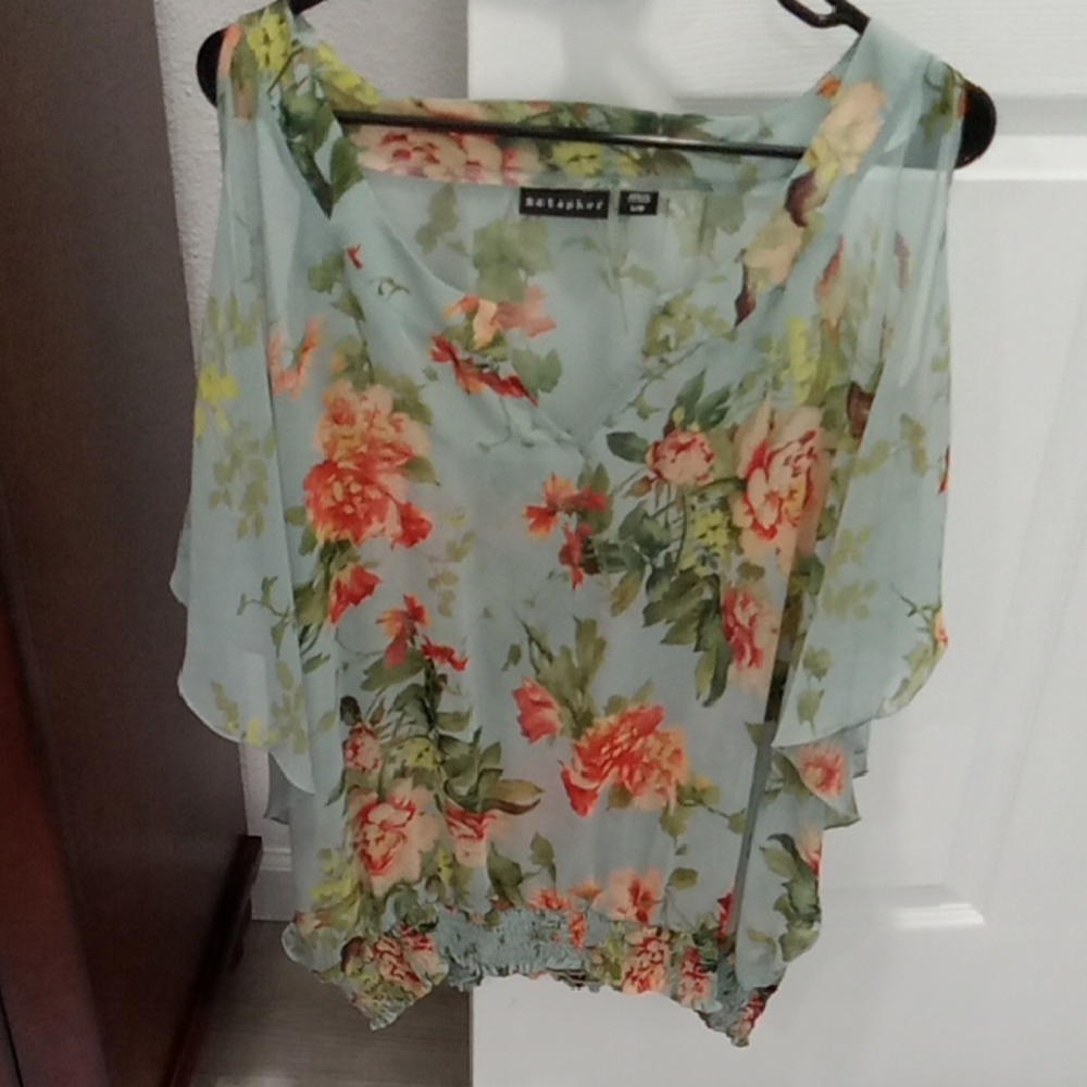 Metaphor Floral Cold-Shoulder Blouse in Light Blue and Coral